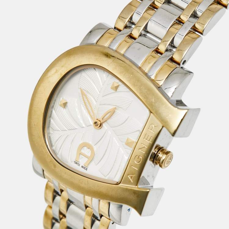 Pre Owned Aigner Genua Due A31600 Cream Leaves Two-Tone Stainless Steel Women's Wristwatch 31 mm