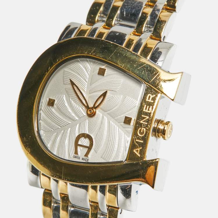 Pre Owned Aigner Genua Due A31600 Cream Leaves Two-Tone Stainless Steel Women's Wristwatch 31 mm