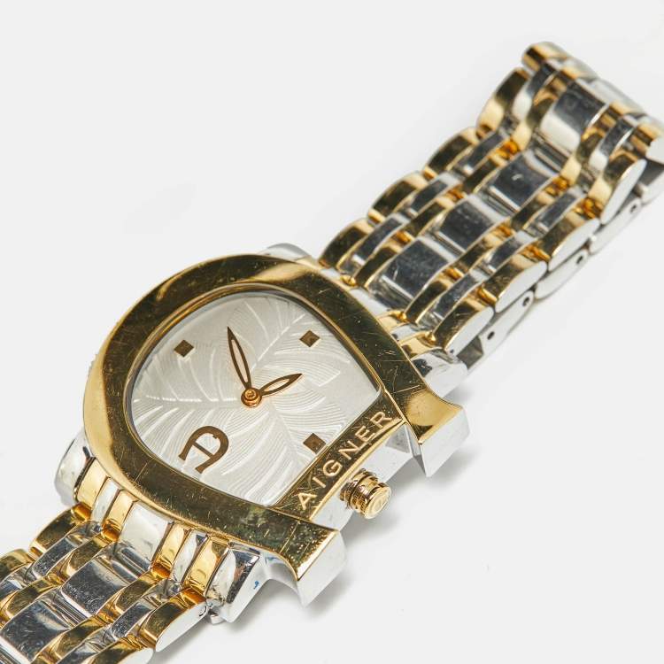 Pre Owned Aigner Genua Due A31600 Cream Leaves Two-Tone Stainless Steel Women's Wristwatch 31 mm