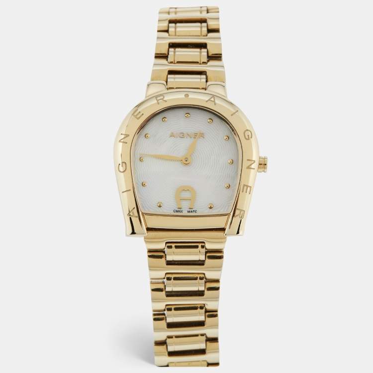 Pre Owned Aigner Ravenna A122216 Mother Of Pearl Gold Tone Stainless Steel Women's Wristwatch 30 mm