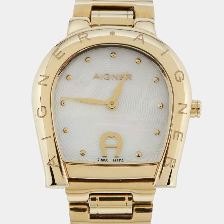 Pre Owned Aigner Ravenna A122216 Mother Of Pearl Gold Tone Stainless Steel Women's Wristwatch 30 mm