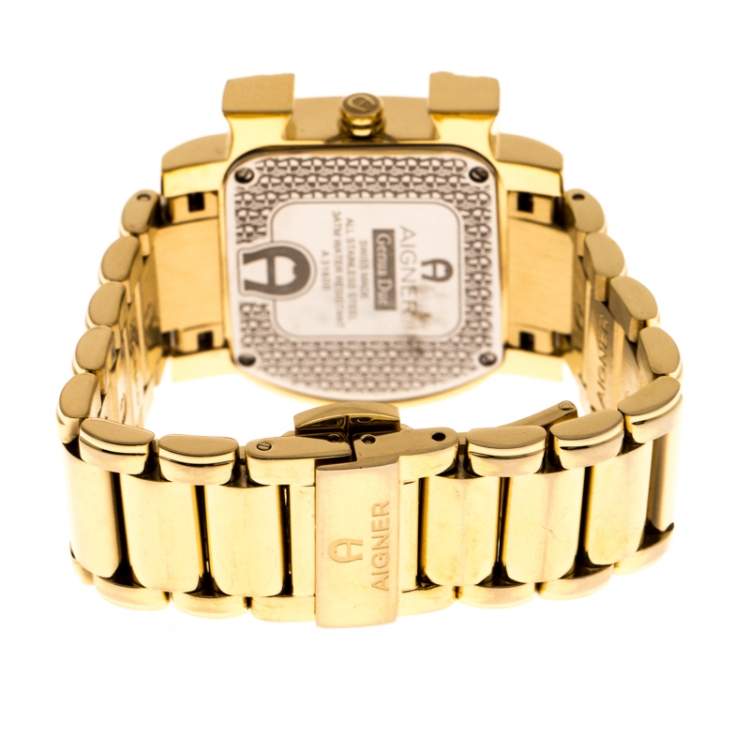 Pre Owned Aigner White Mother of Pearl Gold Plated Stainless Steel Diamonds Genua Due A31600 Women's Wristwatch 31 mm