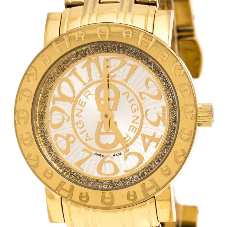 Pre Owned Aigner Gold Plated Stainless Steel Cortina A26300 Women's Wristwatch 35 mm