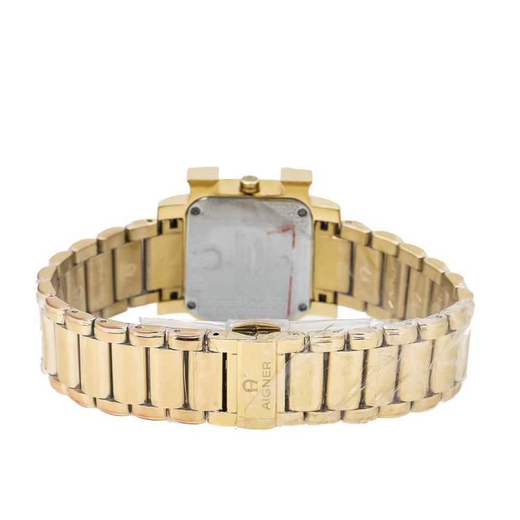 Pre Owned Aigner White Mother of Pearl Gold Plated Stainless Steel Diamonds Genua Due A31600 Women's Wristwatch 31 mm