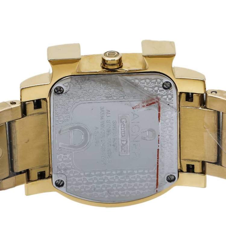 Pre Owned Aigner White Mother of Pearl Gold Plated Stainless Steel Diamonds Genua Due A31600 Women's Wristwatch 31 mm