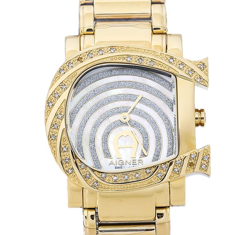 Pre Owned Aigner White Mother of Pearl Gold Plated Stainless Steel Diamonds Genua Due A31600 Women's Wristwatch 31 mm