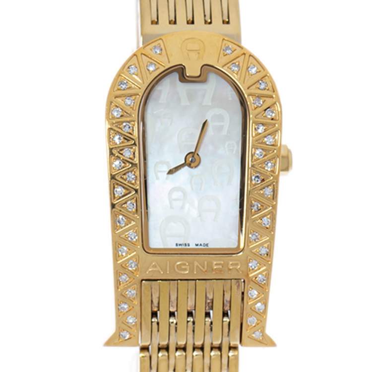 Pre Owned Aigner Mother of Pearl Gold Plated Stainless Steel Diamond Olbia A29000 Women's Wristwatch 21 mm