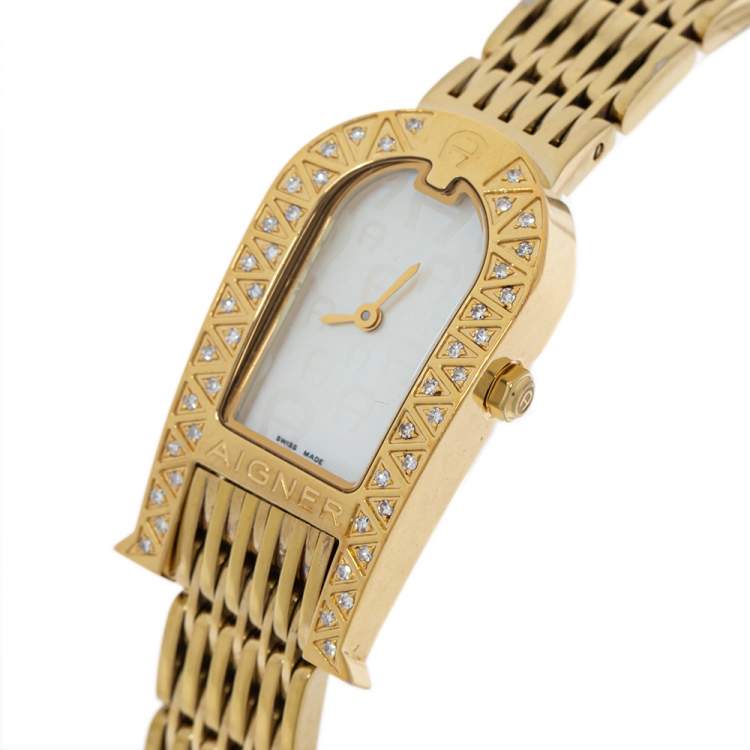 Pre Owned Aigner Mother of Pearl Gold Plated Stainless Steel Diamond Olbia A29000 Women's Wristwatch 21 mm