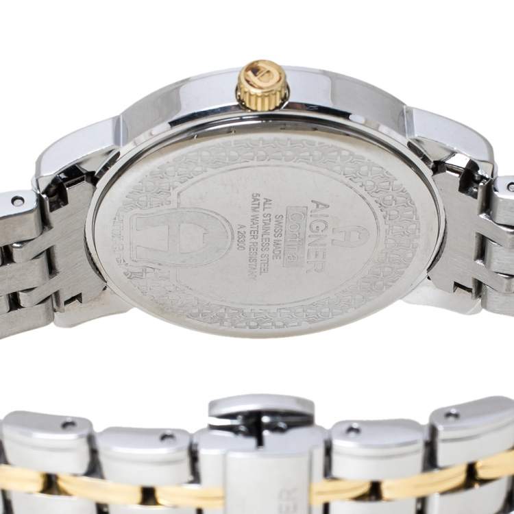 Pre Owned Aigner White Mother of Pearl Two-Tone Stainless Steel Cortina A26300 Women's Wristwatch 36 mm