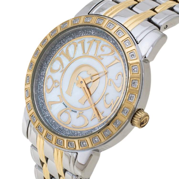 Pre Owned Aigner White Mother of Pearl Two-Tone Stainless Steel Cortina A26300 Women's Wristwatch 36 mm