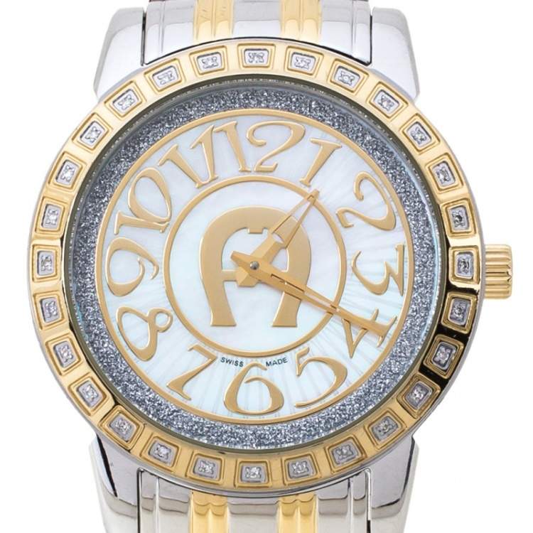 Pre Owned Aigner White Mother of Pearl Two-Tone Stainless Steel Cortina A26300 Women's Wristwatch 36 mm