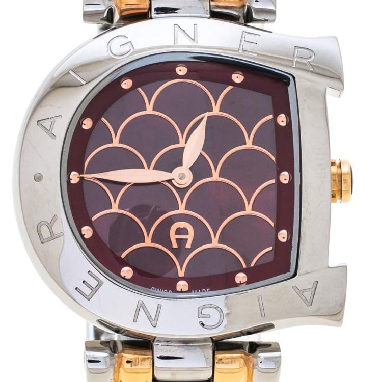 Pre Owned Aigner Red Two-Tone Stainless Steel Arco A34323 Women's Wristwatch 32 mm