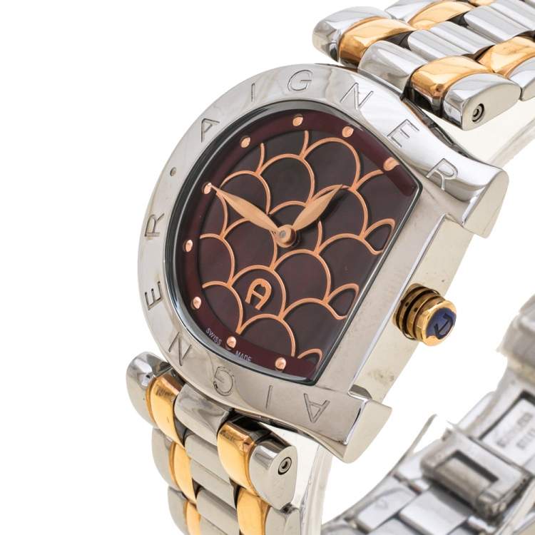 Pre Owned Aigner Red Two-Tone Stainless Steel Arco A34323 Women's Wristwatch 32 mm