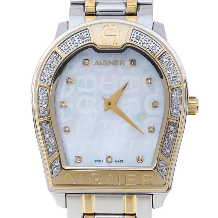Pre Owned Aigner Mother Of Pearl Two-Tone Stainless Steel Diamond Verona A48100 Women's Wristwatch 33 mm