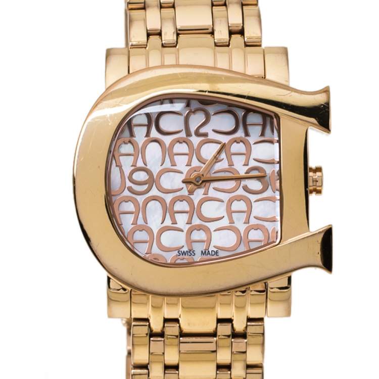 Pre Owned Aigner Mother of Pearl Gold Plated Stainless Steel Genua Due A31600 Women's Wristwatch 31 mm