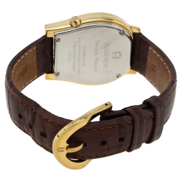 Pre Owned Aigner Silver Yellow Gold Plated Stainless Steel Leather Verona Nuovo A22100 Women's Wristwatch 33 mm