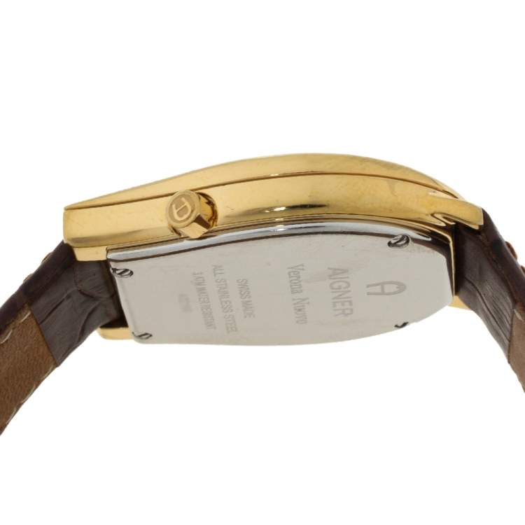 Pre Owned Aigner Silver Yellow Gold Plated Stainless Steel Leather Verona Nuovo A22100 Women's Wristwatch 33 mm