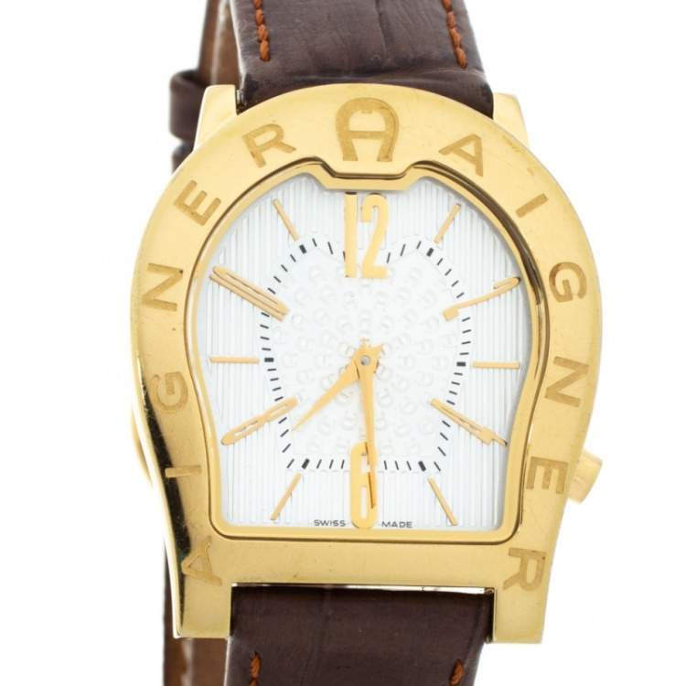 Pre Owned Aigner Silver Yellow Gold Plated Stainless Steel Leather Verona Nuovo A22100 Women's Wristwatch 33 mm