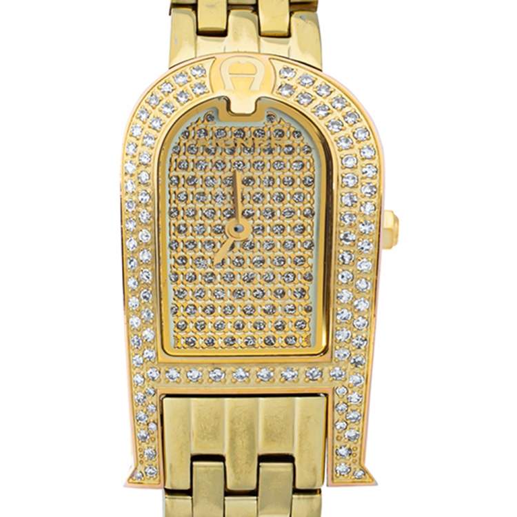 Pre Owned Aigner Diamond Embedded Gold Plated Stainless Steel 1 Carat Diamond A29000 Women's Wristwatch 21 mm