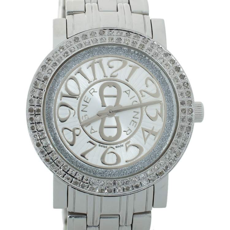 مملوكة مسبقًا Aigner Silver Stainless Steel Diamond Cortina A26300 Women's Wristwatch 35 mm