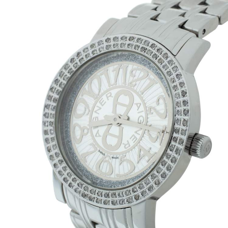 مملوكة مسبقًا Aigner Silver Stainless Steel Diamond Cortina A26300 Women's Wristwatch 35 mm