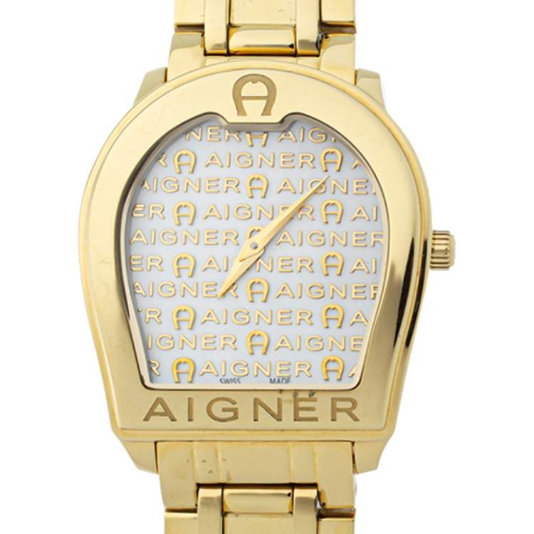 Pre Owned Aigner White Mother of Pearl Gold Plated Stainless Steel Verona A48100 Women's Wristwatch 33MM