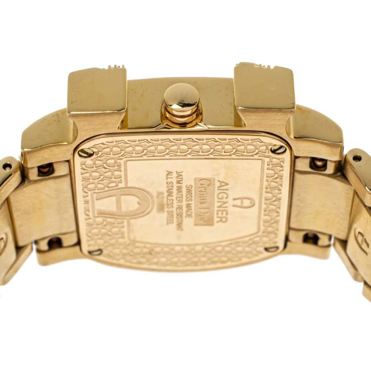 Pre Owned Aigner White Mother of Pearl Gold Plated Stainless Steel Diamonds Genua Due A31600 Women's Wristwatch 31 mm