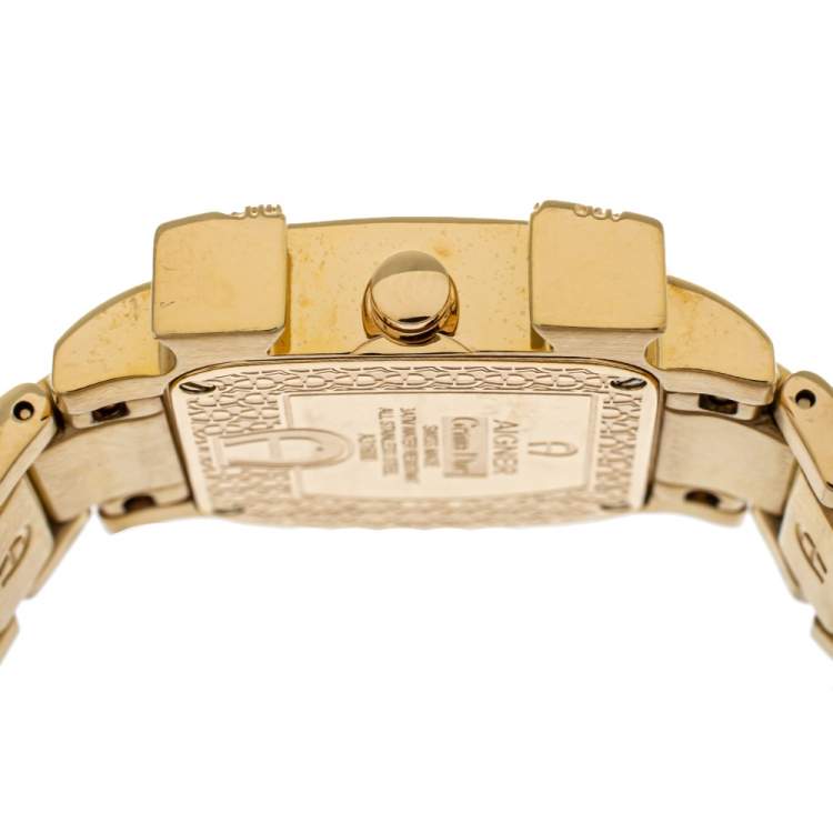 Pre Owned Aigner White Mother of Pearl Gold Plated Stainless Steel Diamonds Genua Due A31600 Women's Wristwatch 31 mm