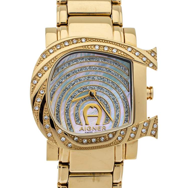 Pre Owned Aigner White Mother of Pearl Gold Plated Stainless Steel Diamonds Genua Due A31600 Women's Wristwatch 31 mm