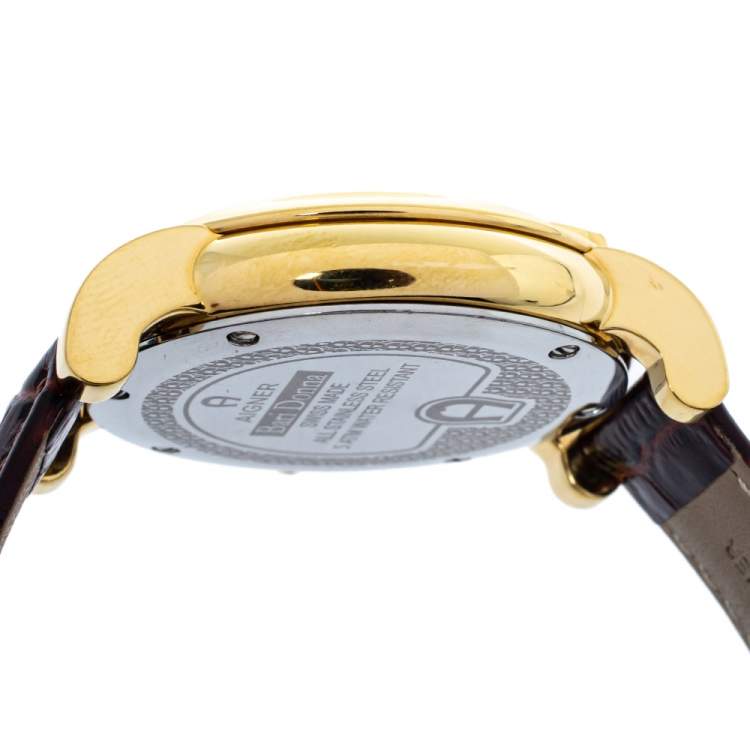 Pre Owned Aigner Mother Of Pearl Gold Plated Stainless Steel Leather Diamond Bari Donna A37200 Women's Wristwatch 41 mm