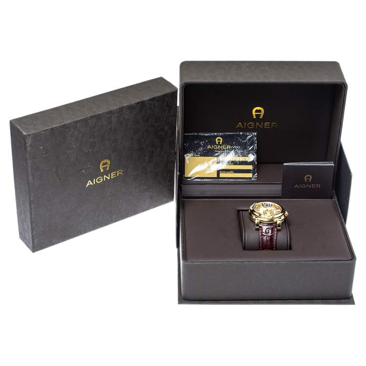 Pre Owned Aigner Mother Of Pearl Gold Plated Stainless Steel Leather Diamond Bari Donna A37200 Women's Wristwatch 41 mm