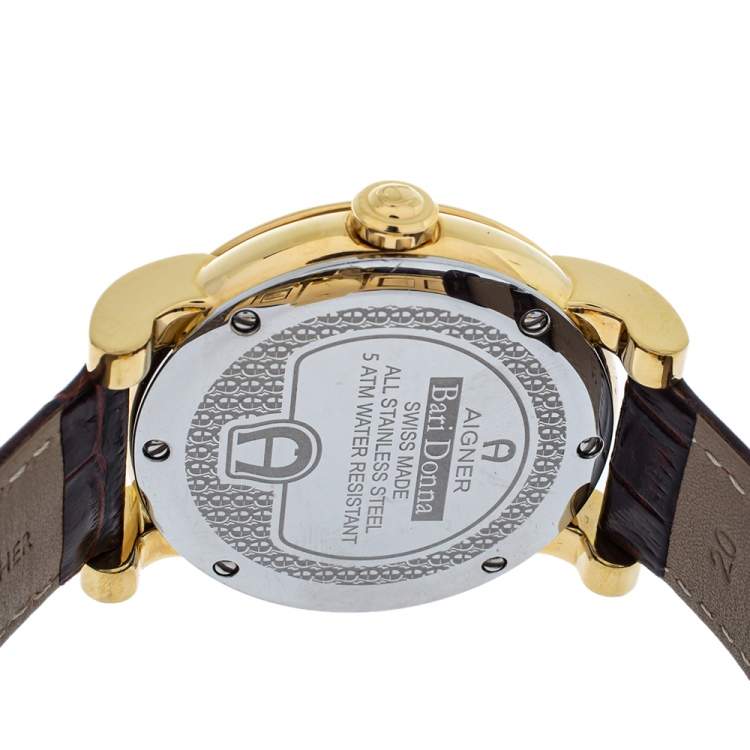Pre Owned Aigner Mother Of Pearl Gold Plated Stainless Steel Leather Diamond Bari Donna A37200 Women's Wristwatch 41 mm