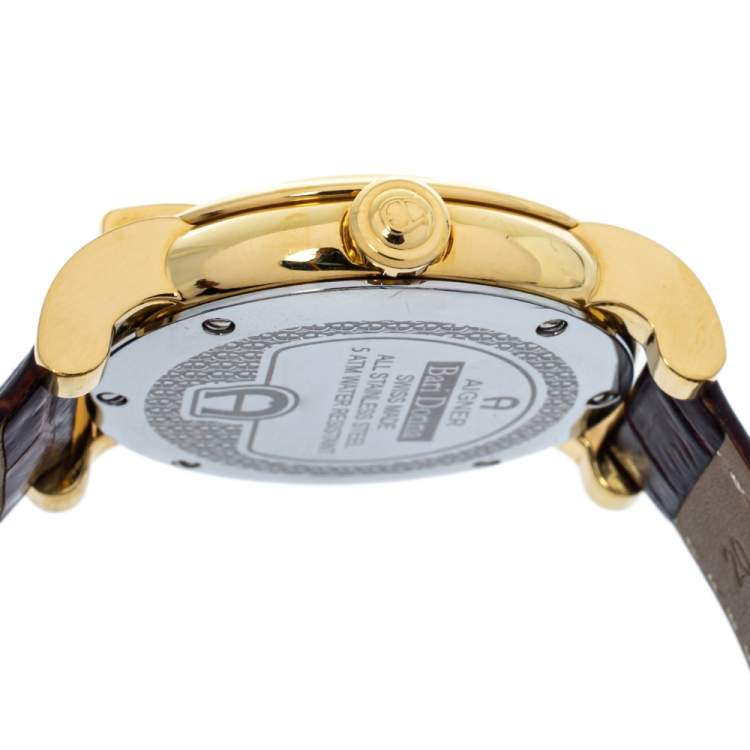 Pre Owned Aigner Mother Of Pearl Gold Plated Stainless Steel Leather Diamond Bari Donna A37200 Women's Wristwatch 41 mm