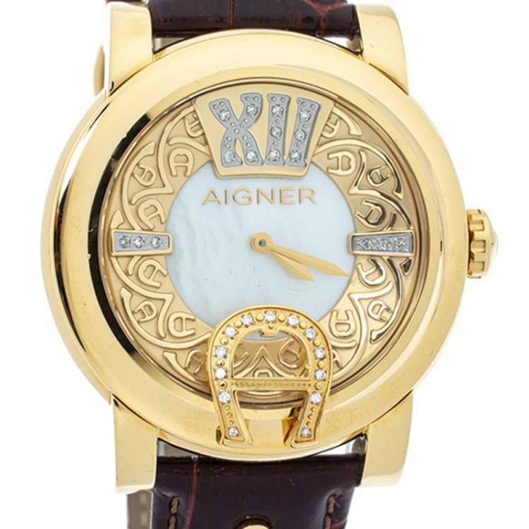 Pre Owned Aigner Mother Of Pearl Gold Plated Stainless Steel Leather Diamond Bari Donna A37200 Women's Wristwatch 41 mm