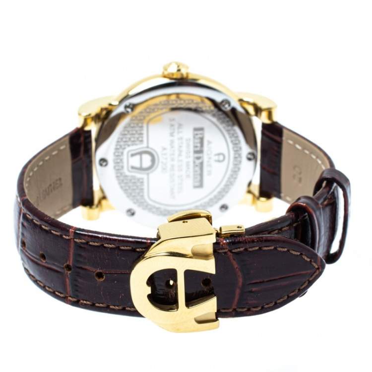 Pre Owned Aigner Mother Of Pearl Gold Plated Stainless Steel Leather Diamond Bari Donna A37200 Women's Wristwatch 41 mm