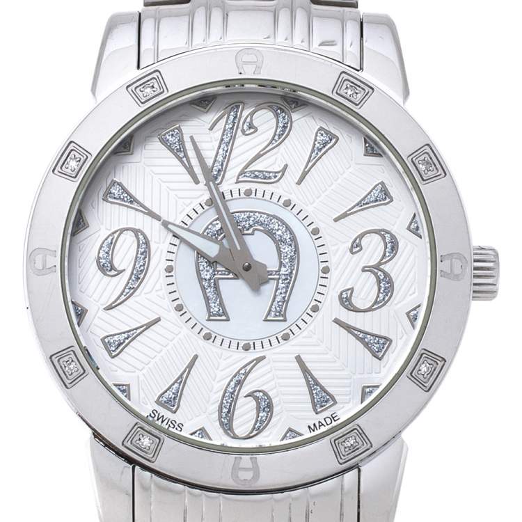 مملوكة مسبقًا Aigner White Stainless Steel Diamond Cortina A26300 Women's Wristwatch 36 mm