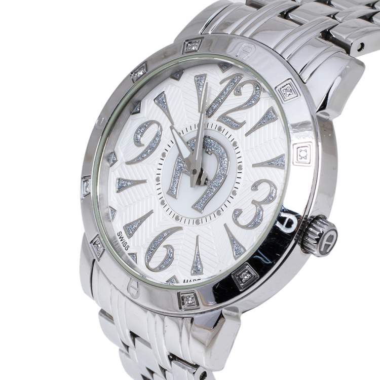مملوكة مسبقًا Aigner White Stainless Steel Diamond Cortina A26300 Women's Wristwatch 36 mm