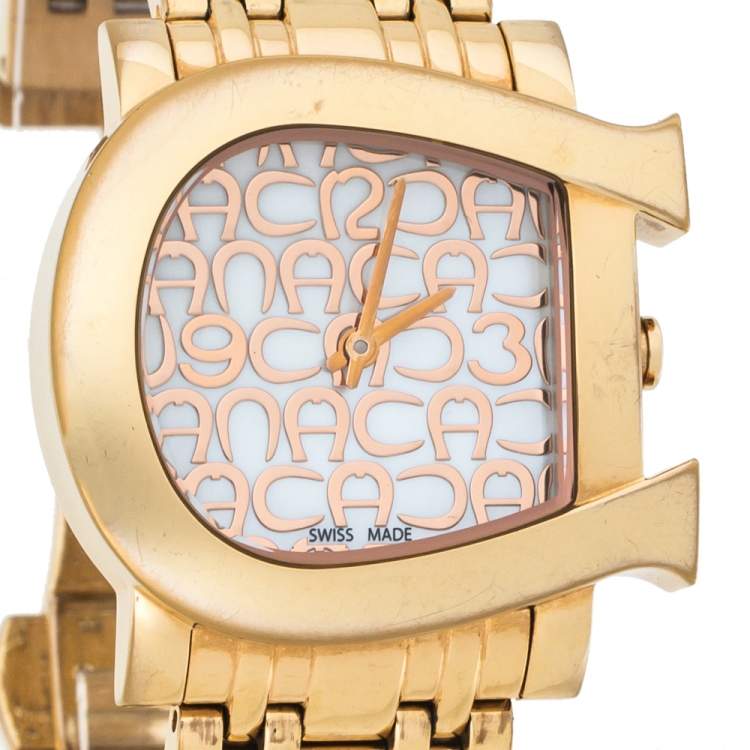 Pre Owned Aigner Mother of Pearl Gold Plated Stainless Steel Genua Due A31600 Women's Wristwatch 31 mm