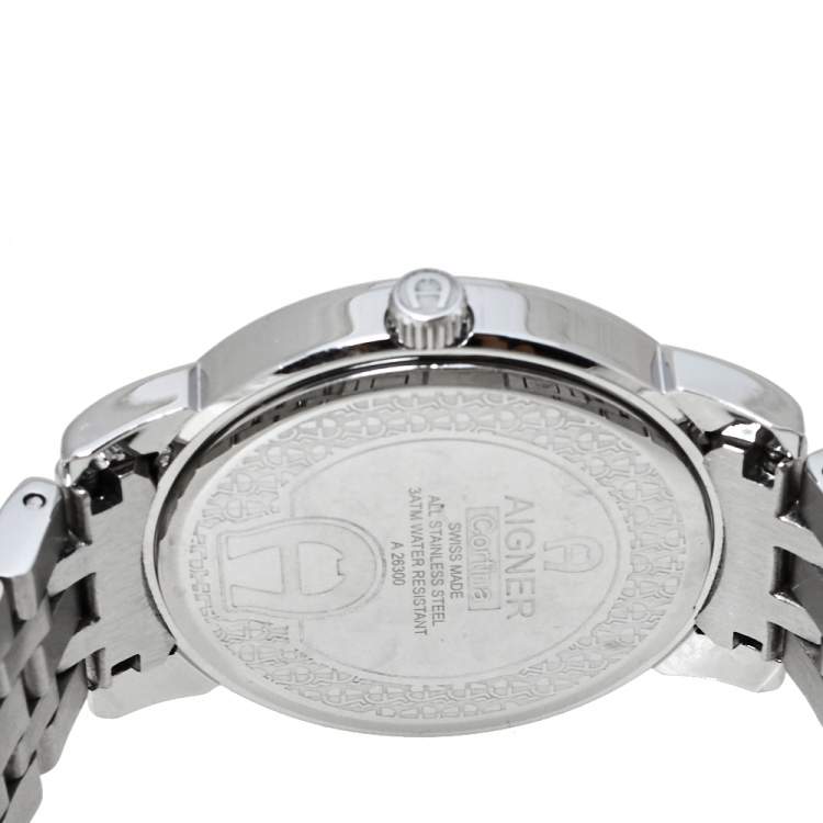 مملوكة مسبقًا Aigner Silver White Mother Of Pearl Stainless Steel Diamonds Cortina A26300 Women's Wristwatch 36 MM