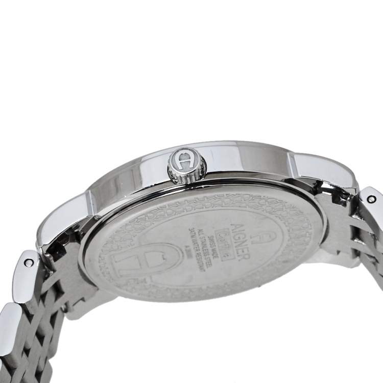 مملوكة مسبقًا Aigner Silver White Mother Of Pearl Stainless Steel Diamonds Cortina A26300 Women's Wristwatch 36 MM