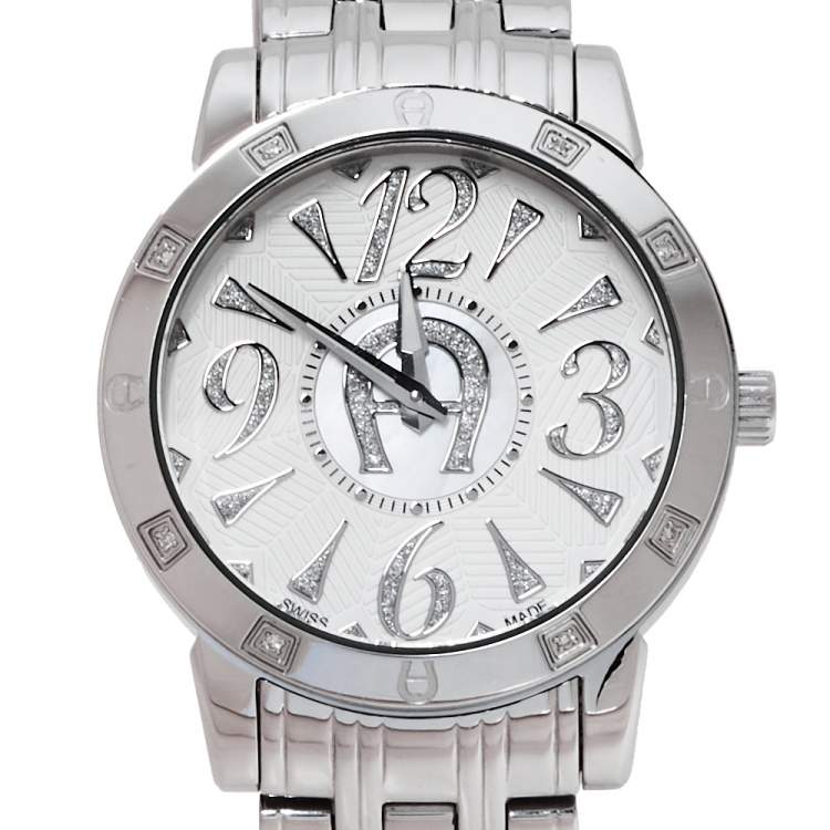 مملوكة مسبقًا Aigner Silver White Mother Of Pearl Stainless Steel Diamonds Cortina A26300 Women's Wristwatch 36 MM