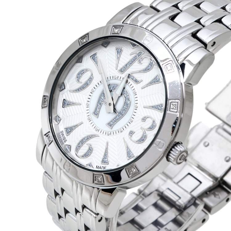 مملوكة مسبقًا Aigner Silver White Mother Of Pearl Stainless Steel Diamonds Cortina A26300 Women's Wristwatch 36 MM