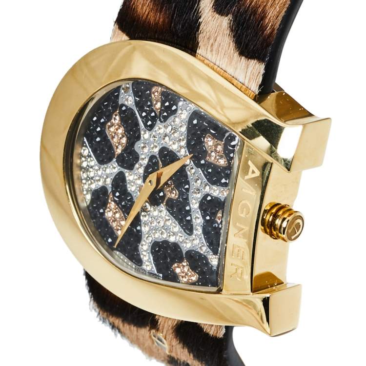 مملوكة مسبقًا Aigner Brown Stainless Steel Leather Genua Due A31000 Women's Wristwatch 36MM