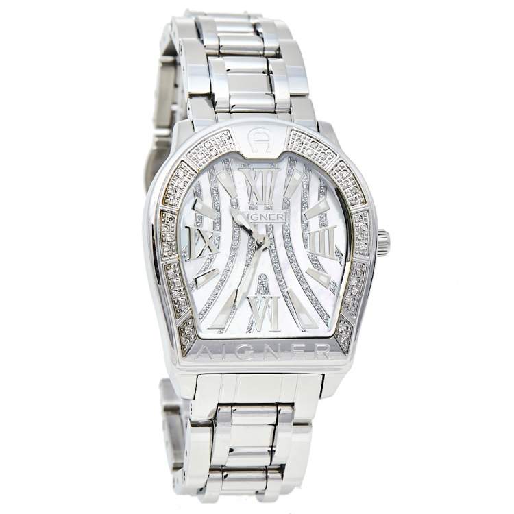 Pre Owned Aigner Mother Of Pearl Stainless Steel Verona A48100 Women's Wristwatch 33 mm