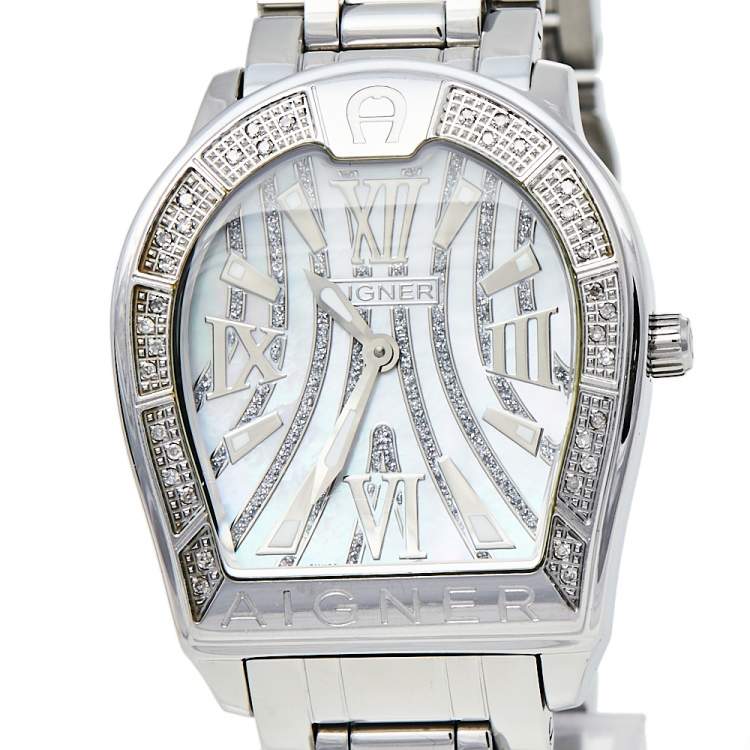 Pre Owned Aigner Mother Of Pearl Stainless Steel Verona A48100 Women's Wristwatch 33 mm