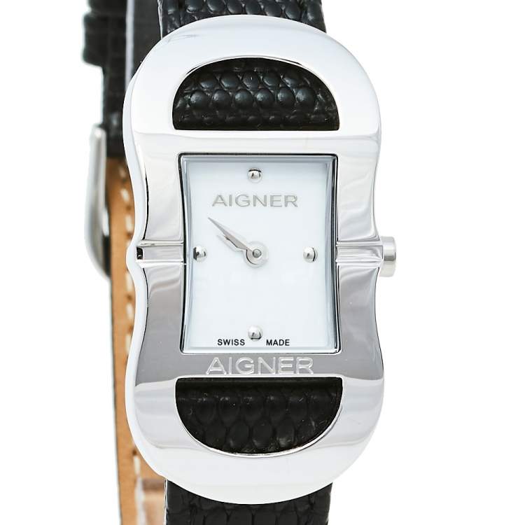 Pre Owned Aigner Mother Of Pearl Stainless Steel Leather Cesena A53200 Women's Wristwatch 20 mm