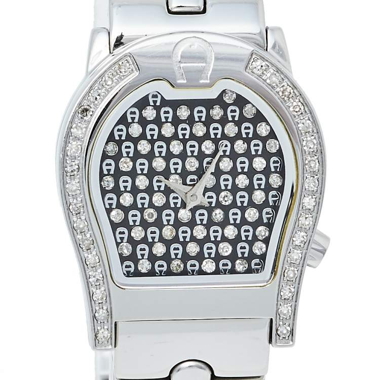 Pre Owned Aigner Black Stainless Steel Diamonds Verona A01200 Women's Wristwatch 24 mm