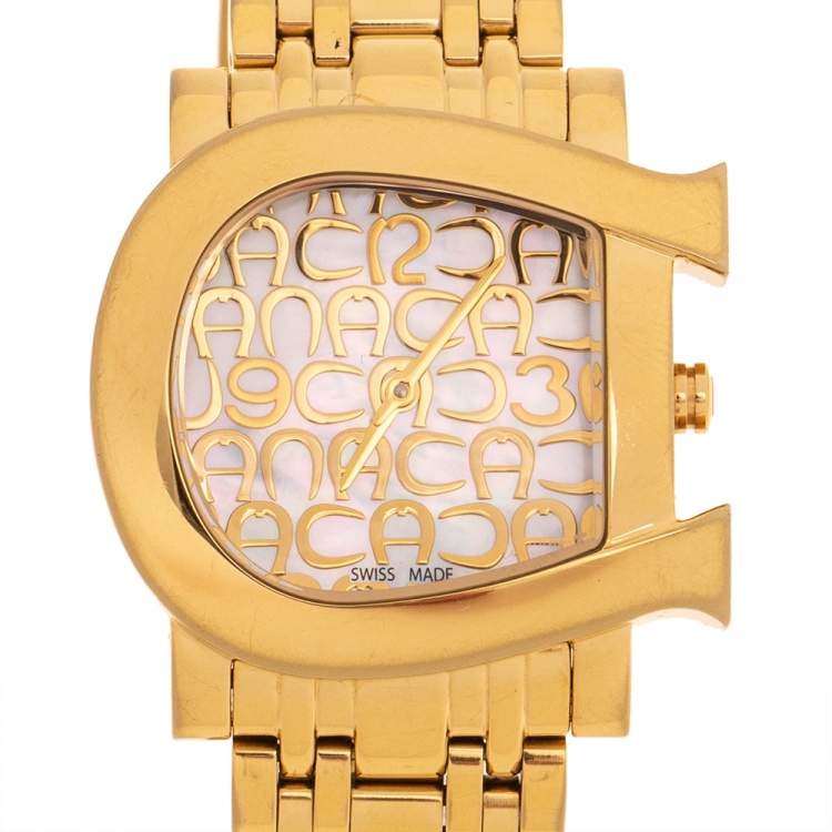 Pre Owned Aigner Mother Of Pearl Gold Tone Stainless Steel Genua Due A31600 Women's Wristwatch 31 mm
