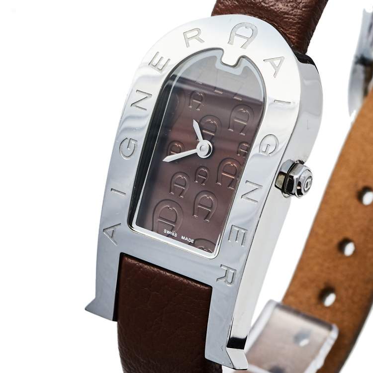 Pre Owned Aigner Brown Stainless Steel Leather Olbia A29000 Women's Wristwatch 20 mm