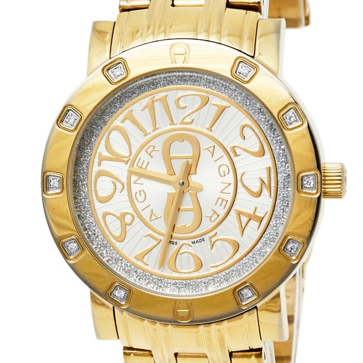 Pre Owned Aigner Gold Tone Stainless Steel Diamonds Cortina A26300 Women's Wristwatch 35 mm